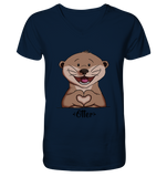 "Herz Otter" - Mens Organic V-Neck Shirt - Schweinchen's Shop - V-Neck Shirts - French Navy / S