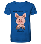 T-Shirt - "Keep Calm" - Mens Organic V-Neck Shirt - Schweinchen's Shop - V-Neck Shirts - Royal Blue / S