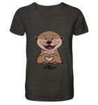 "Herz Otter" - Mens Organic V-Neck Shirt - Schweinchen's Shop - V-Neck Shirts - Dark Heather Grey / S