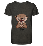 "Herz Otter" - Mens Organic V-Neck Shirt - Schweinchen's Shop - V-Neck Shirts - Dark Heather Grey / S