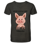T-Shirt - "Keep Calm" - Mens Organic V-Neck Shirt - Schweinchen's Shop - V-Neck Shirts - Dark Heather Grey / S