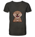 Otter Herz - Mens Organic V-Neck Shirt - Schweinchen's Shop - V-Neck Shirts - Dark Heather Grey / S