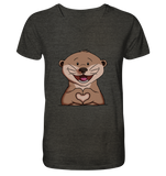 Otter Herz - Mens Organic V-Neck Shirt - Schweinchen's Shop - V-Neck Shirts - Dark Heather Grey / S