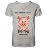 T-Shirt - "Keep Calm" - Mens Organic V-Neck Shirt - Schweinchen's Shop - V-Neck Shirts - Heather Grey / S