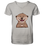 Otter Herz - Mens Organic V-Neck Shirt - Schweinchen's Shop - V-Neck Shirts - Heather Grey / S