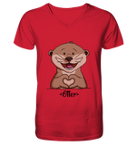 "Herz Otter" - Mens Organic V-Neck Shirt - Schweinchen's Shop - V-Neck Shirts - Red / S
