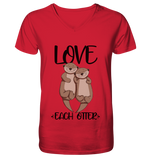 "LOVE EACH OTTER" - Otter - Mens Organic V-Neck Shirt - Schweinchen's Shop - V-Neck Shirts - Red / S
