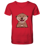 Otter Herz - Mens Organic V-Neck Shirt - Schweinchen's Shop - V-Neck Shirts - Red / S