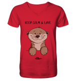Otter "KEEP CALM" - Mens Organic V-Neck Shirt - Schweinchen's Shop - V-Neck Shirts - Red / S