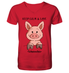 T-Shirt - "Keep Calm" - Mens Organic V-Neck Shirt - Schweinchen's Shop - V-Neck Shirts - Red / S