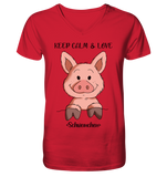 T-Shirt - "Keep Calm" - Mens Organic V-Neck Shirt - Schweinchen's Shop - V-Neck Shirts - Red / S