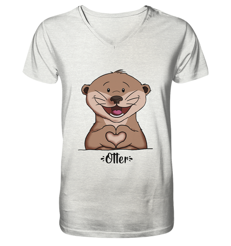"Herz Otter" - Mens Organic V-Neck Shirt - Schweinchen's Shop - V-Neck Shirts - Cream Heather Grey / S