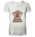 Otter Herz - Mens Organic V-Neck Shirt - Schweinchen's Shop - V-Neck Shirts - Cream Heather Grey / S