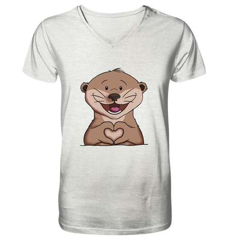 Otter Herz - Mens Organic V-Neck Shirt - Schweinchen's Shop - V-Neck Shirts - Cream Heather Grey / S