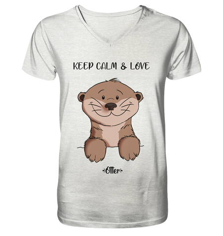 Otter "KEEP CALM" - Mens Organic V-Neck Shirt - Schweinchen's Shop - V-Neck Shirts - Cream Heather Grey / S