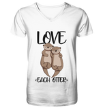 "LOVE EACH OTTER" - Otter - Mens Organic V-Neck Shirt - Schweinchen's Shop - V-Neck Shirts - White / S