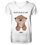 Otter "KEEP CALM" - Mens Organic V-Neck Shirt - Schweinchen's Shop - V-Neck Shirts - White / S