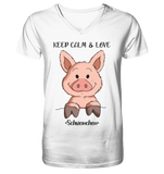 T-Shirt - "Keep Calm" - Mens Organic V-Neck Shirt - Schweinchen's Shop - V-Neck Shirts - White / S